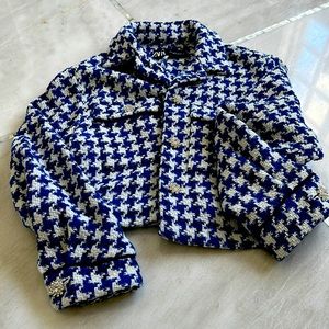 Royal blue gingham Zara jacket.
